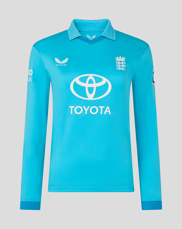 Womens ODI Pro long sleeve blue shirt with England crest and Toyota sponsor logo on front.