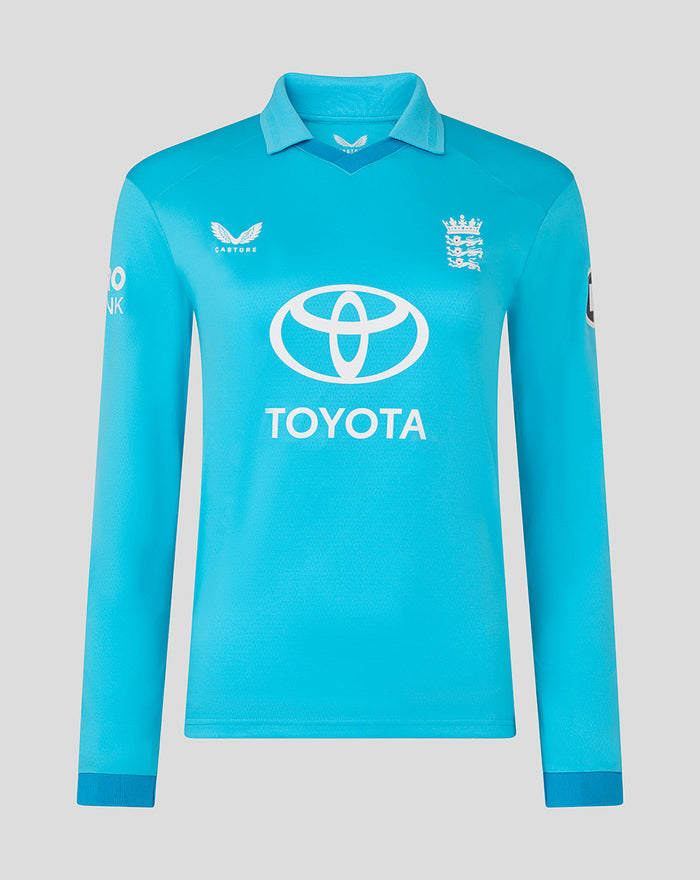 Womens ODI Pro long sleeve blue shirt with England crest and Toyota sponsor logo on front.