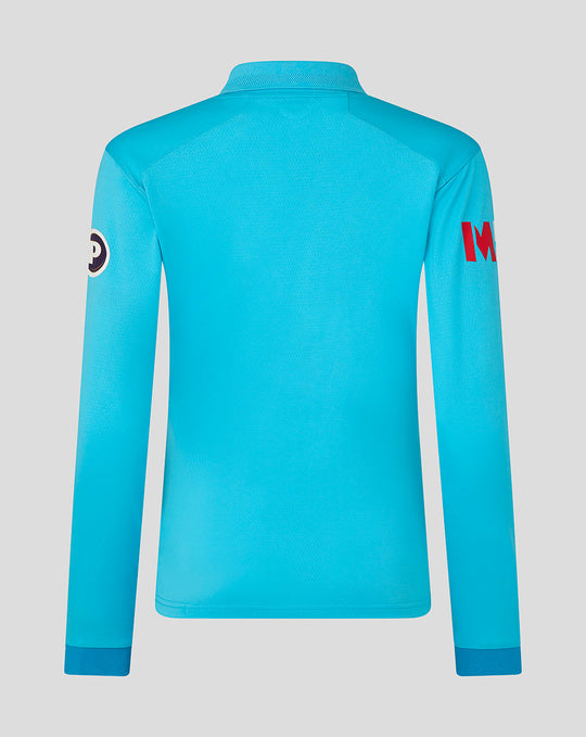 Back view of a vibrant blue Womens ODI Pro Long Sleeve cricket shirt
