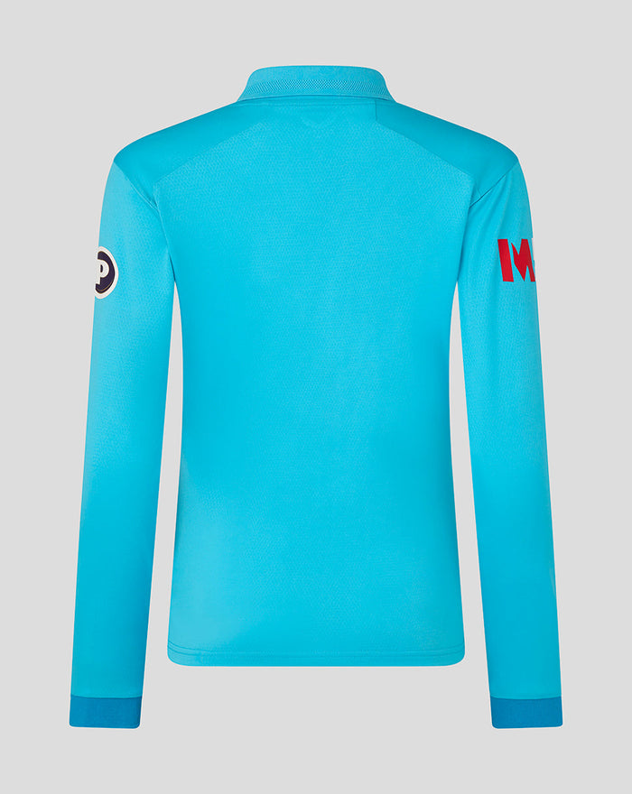 Back view of a vibrant blue Womens ODI Pro Long Sleeve cricket shirt
