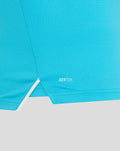 Close-up of bright blue fabric showing AERTEK branding near the hem