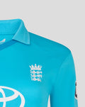 Blue ODI Pro shirt chest with the England crest and sponsor branding.