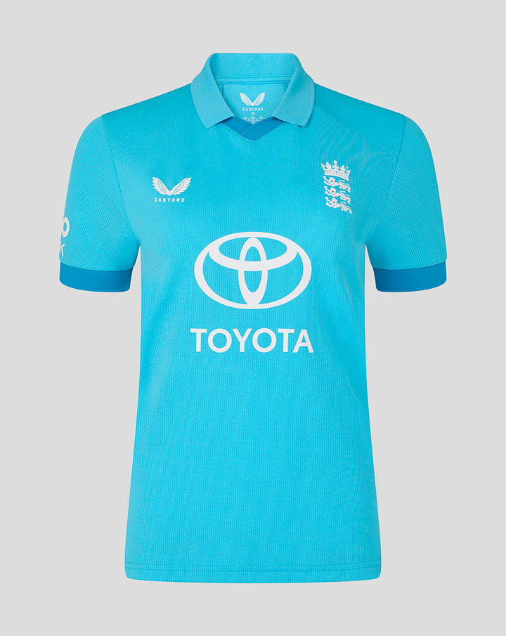 Front view of blue England Women's ODI shirt with crest on the chest and Toyota sponsor