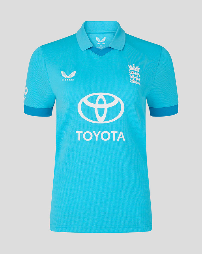 Front view of blue England Women's ODI shirt with crest on the chest and Toyota sponsor
