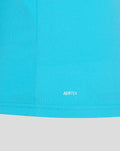 Close-up of blue textured fabric with AERTEK branding
