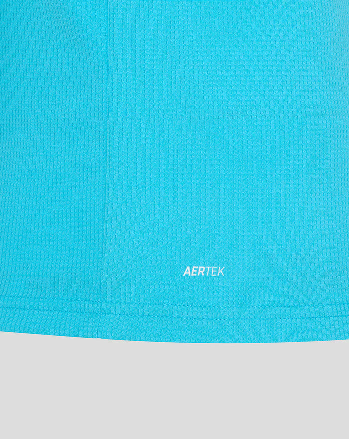Close-up of blue textured fabric with AERTEK branding