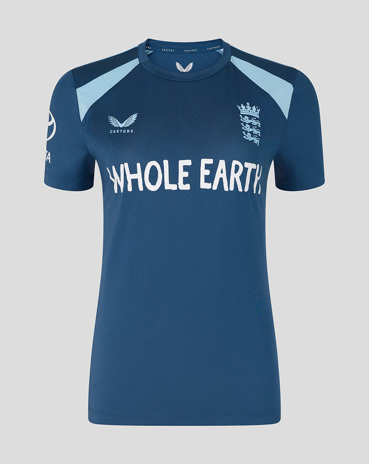 Front view of Womens 26/27 Training Short Sleeve T-Shirt in blue with England crest on the chest