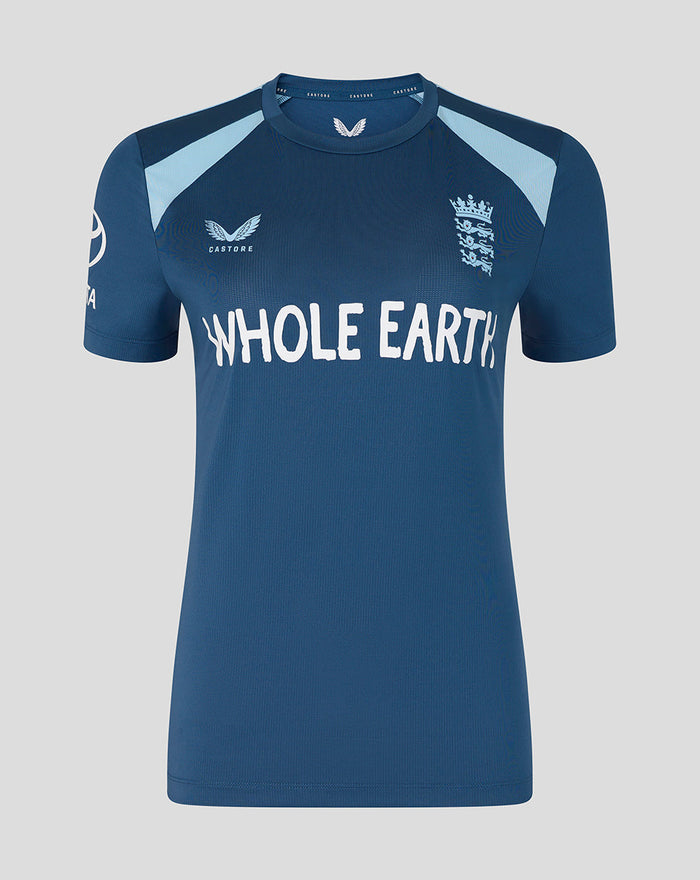 Front view of Womens 26/27 Training Short Sleeve T-Shirt in blue with England crest on the chest