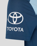 Close-up of sleeve showing Toyota logo on a navy training T-shirt
