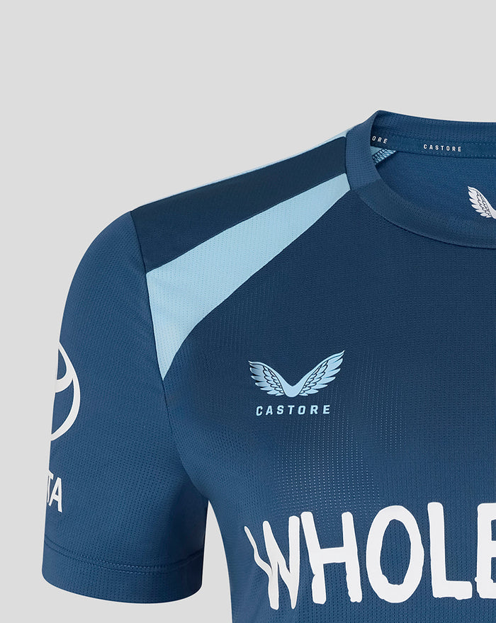 Close-up of navy blue training T-shirt chest area with light blue detailing and Castore branding