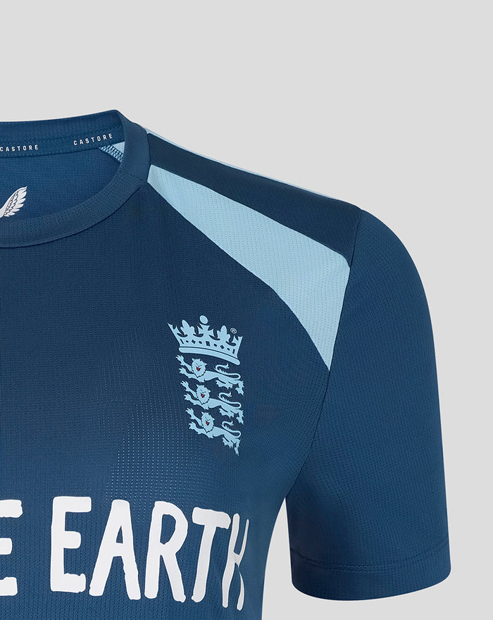 Front view of blue training T-Shirt featuring Whole Earth across the chest and England crest on the left chest