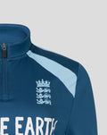 Close up of blue training midlayer chest showing England crest and Whole Earth logo.