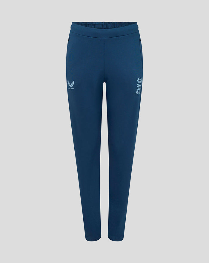 Front view of blue training pants with England crest on the thigh and light side panel
