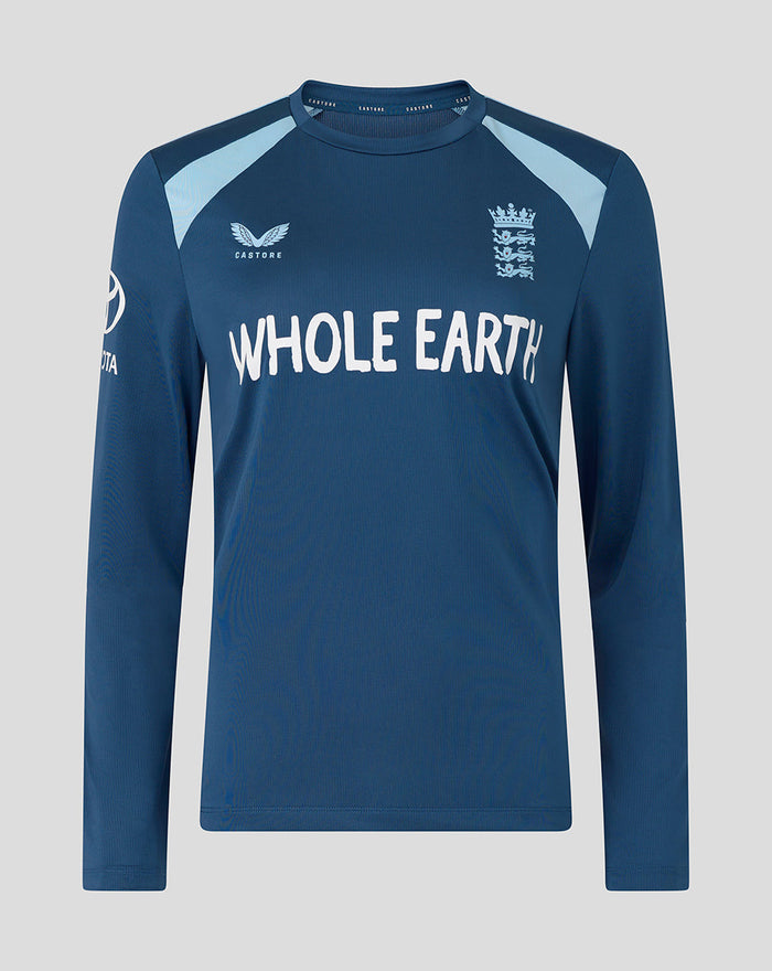 Blue long sleeve cricket training top with light blue shoulder panels, Three Lions crest and Whole Earth sponsor.