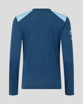 Back view of navy blue training long sleeve shirt with light blue shoulder panels.