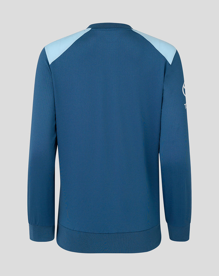 Back view of blue training sweatshirt with light blue shoulder panels