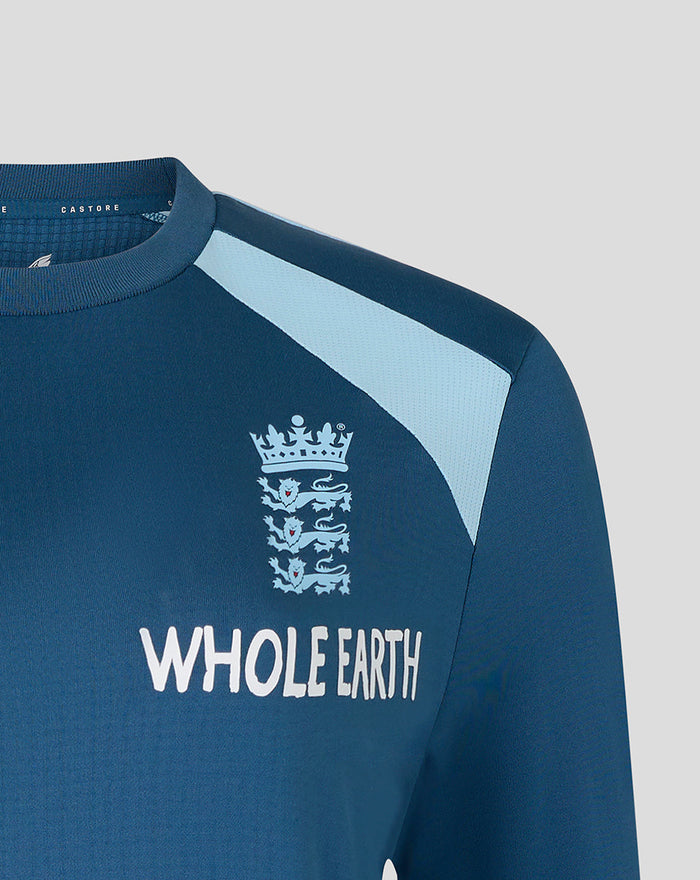 Blue womens training sweatshirt with light blue shoulder panel, Three Lions crest and Whole Earth logo on the chest
