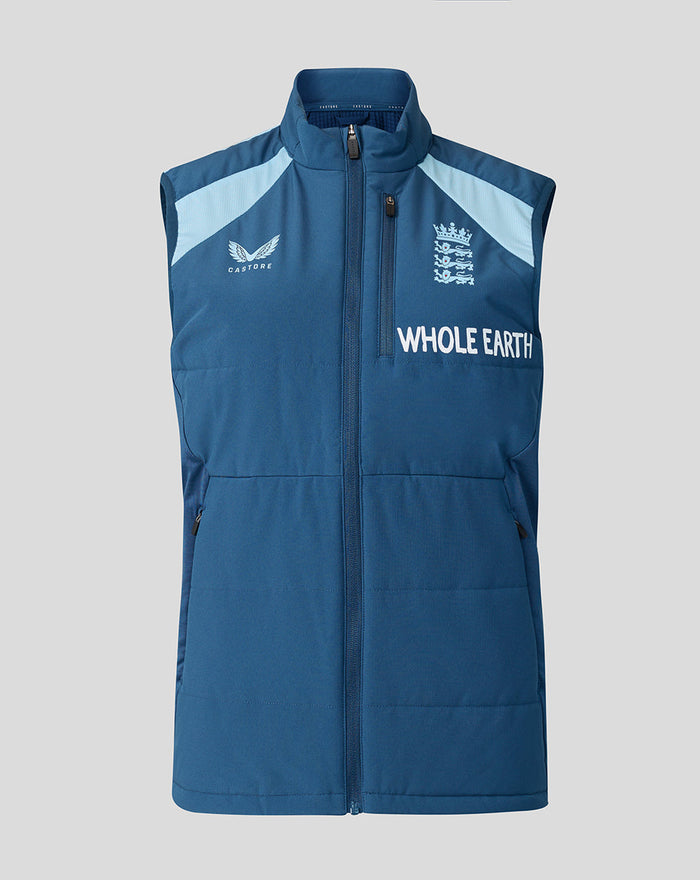 Front view of blue training gilet with light blue shoulder panels and England crest