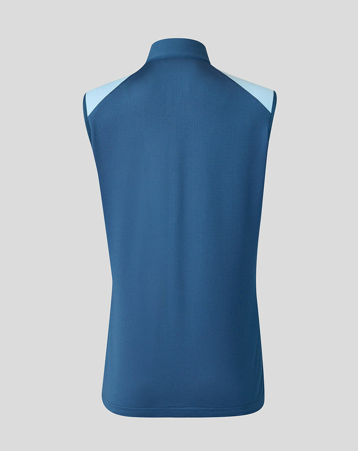 Back view of blue training gilet featuring darker body and lighter shoulder panels