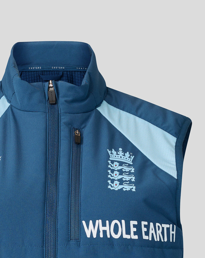 Front view of blue lightweight training gilet featuring England crest and Whole Earth branding on the chest