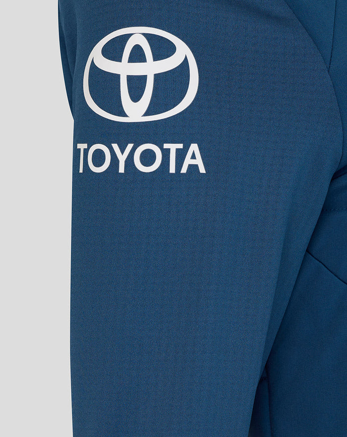 Close-up of Ensign Blue Training Thermal Jacket fabric featuring a Toyota logo.