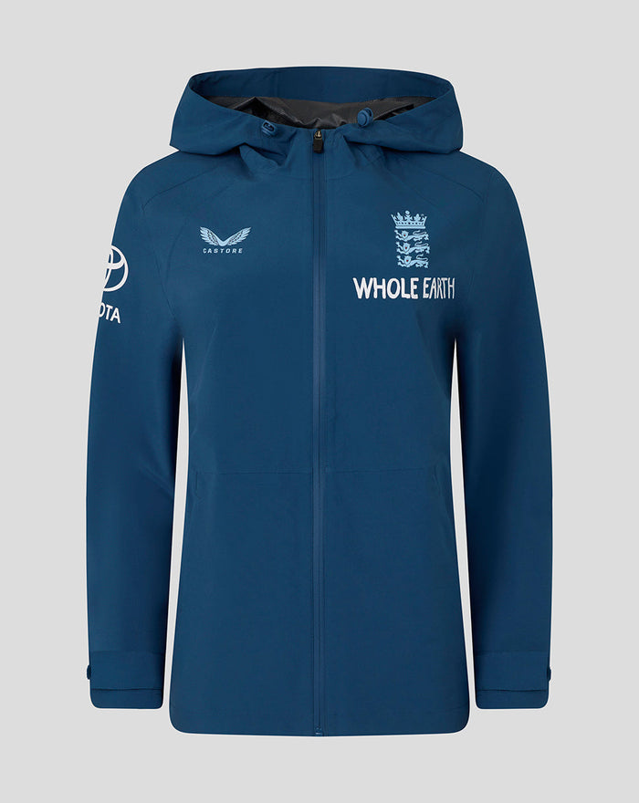 Front view of Ensign Blue Training Rain Jacket with hood showing Whole Earth and England crest on chest and Toyota logo on sleeve.