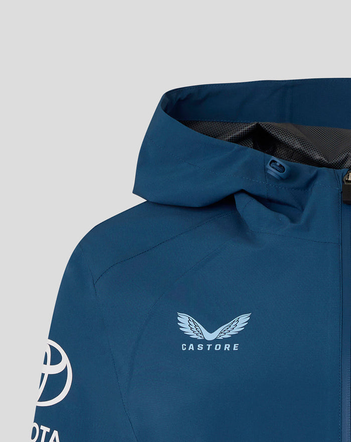 Close up of the back shoulder on the blue rain jacket showing Castore branding