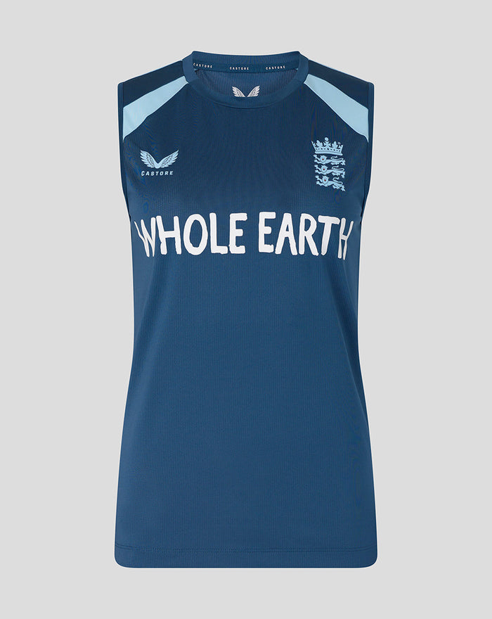 Front view of blue sleeveless training top with England crest and Whole Earth text across chest