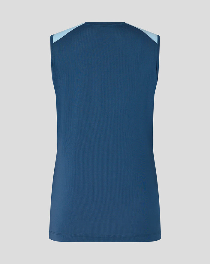 Back view of blue sleeveless training top with subtle light blue shoulder panels