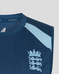 Close up of blue sleeveless training top showing England crest on chest and light blue shoulder panels