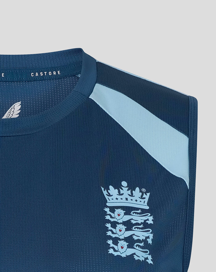Close up of blue sleeveless training top showing England crest on chest and light blue shoulder panels