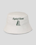 White retro bucket hat with embroidered England Cricket crest and vintage styling.