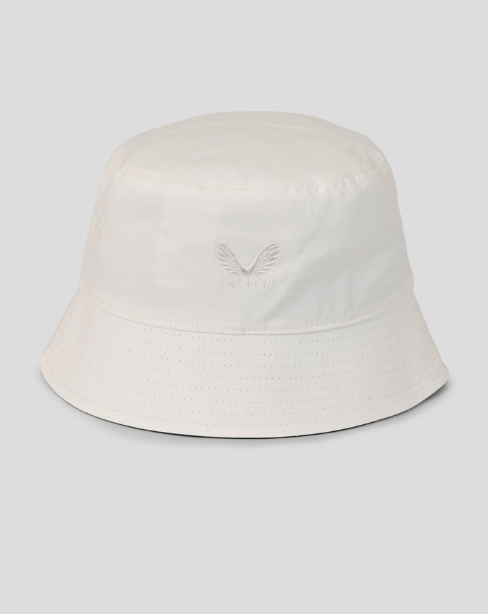 White retro bucket hat front view with embroidered England Cricket crest.