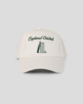White retro cap with green England Cricket crest embroidered on the front and curved peak