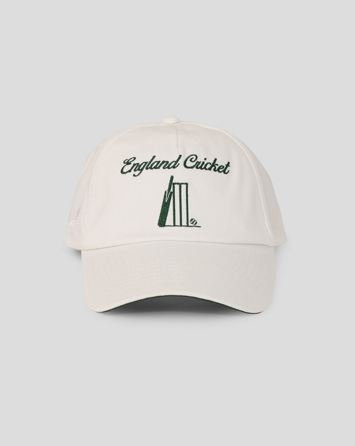 White retro cap with green England Cricket crest embroidered on the front and curved peak