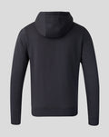 Back view of a dark navy Crest hoodie showing its hood and plain back