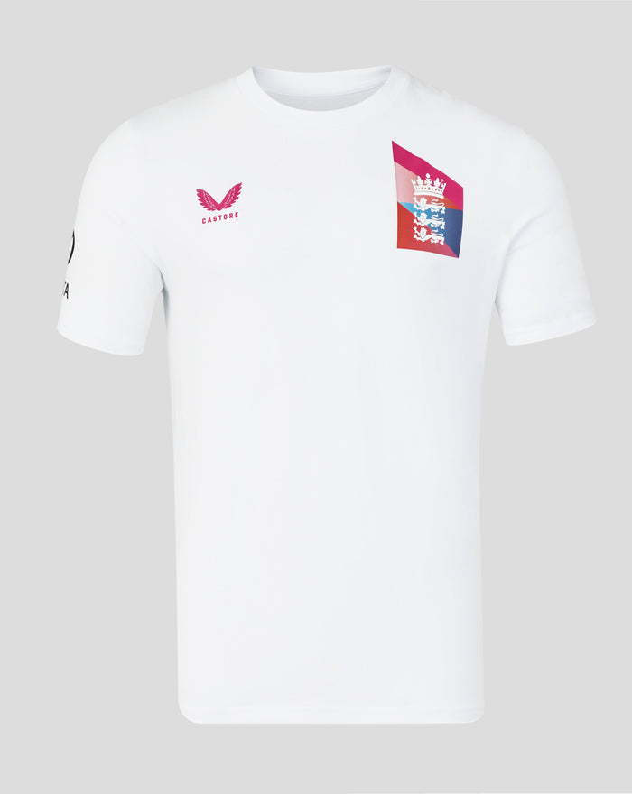 White Junior 26/27 T20 WWC short sleeve T shirt with pink Castore wing logo on the chest