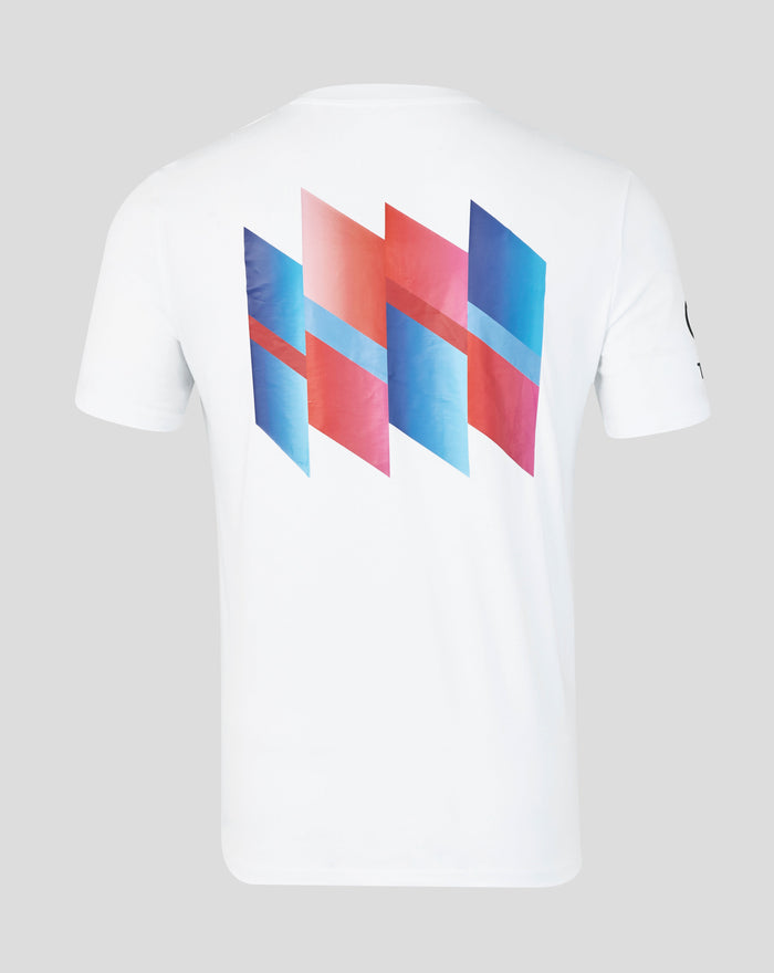 Back view of white Junior 26/27 T20 WWC short sleeve T shirt featuring a large multicolor geometric flag graphic on the back