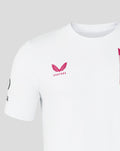 White junior T20 WWC short sleeve T shirt with pink winged Castore logo on chest