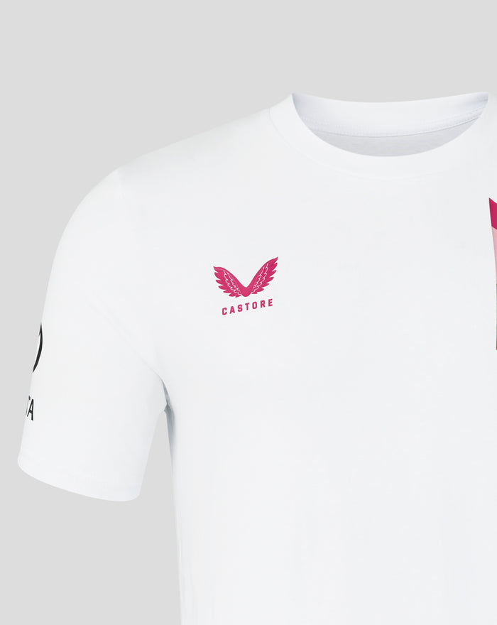 White junior T20 WWC short sleeve T shirt with pink winged Castore logo on chest