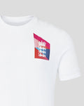 Front view of white Junior 26/27 T20 WWC short sleeve T shirt with a large multicolor geometric flag graphic on the chest