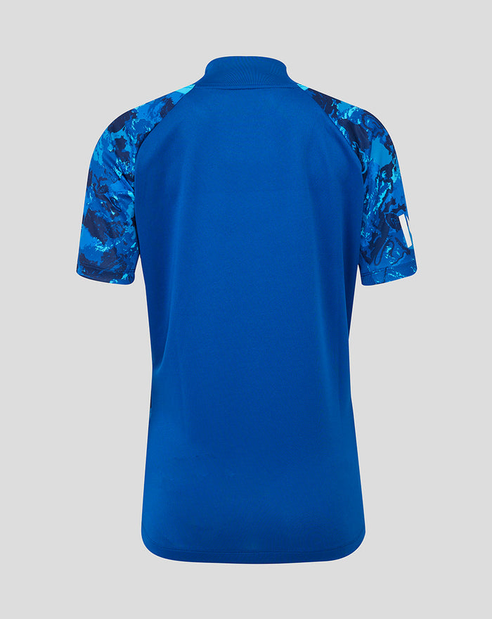 Back view of England women's ODI replica short sleeve shirt with solid blue back and camo sleeves.