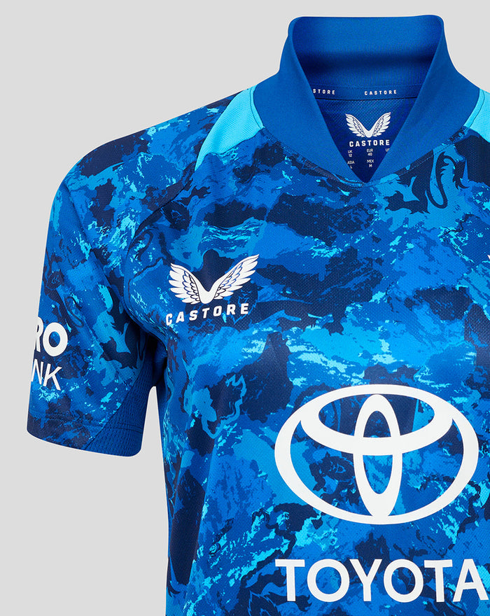 Blue camouflage England Women's 25/26 ODI replica short sleeve cricket shirt with Castore branding and Toyota sponsor