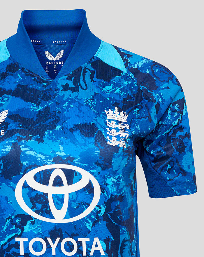 England Women cricket jersey with blue camouflage pattern and the England crest on the left chest