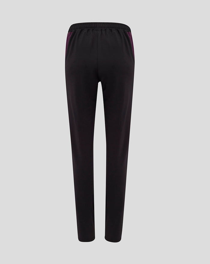 Back view of black England cricket training pants with purple side panels.