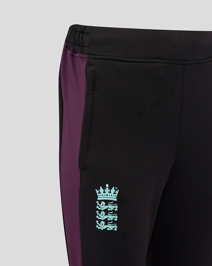 England women's training pants in black with a purple side stripe and pale blue three lions crest.