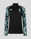 Women's England Ashes Pro Quarter Zip Training Top with black body teal patterned sleeves and crest