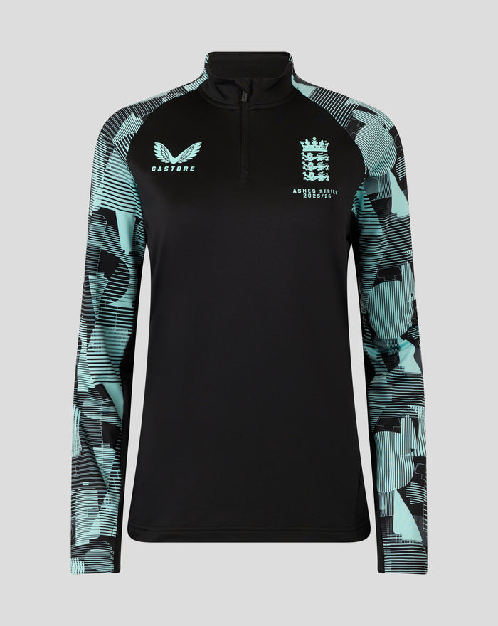 Women's England Ashes Pro Quarter Zip Training Top with black body teal patterned sleeves and crest