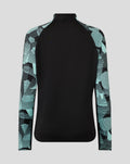 Back view of womens Ashes Pro Quarter Zip Training Top with black front panel and turquoise patterned sleeves.