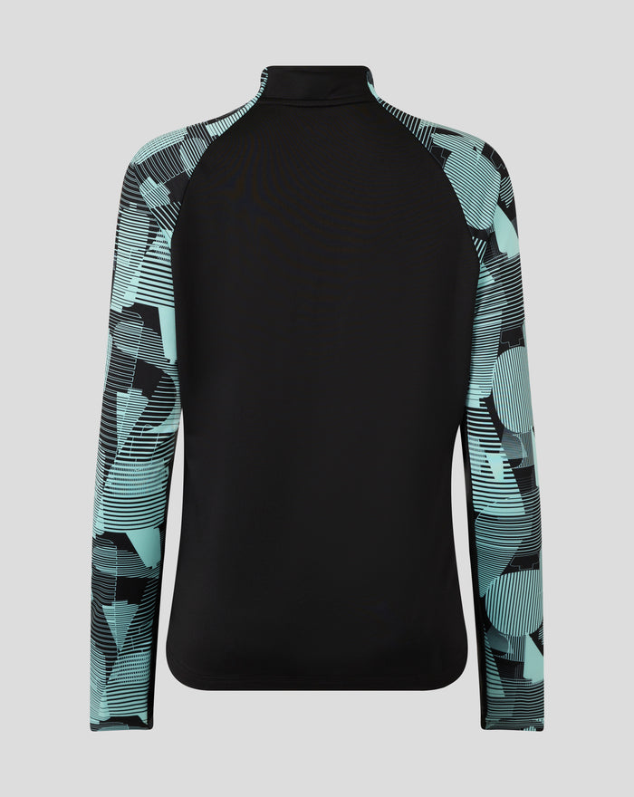 Back view of womens Ashes Pro Quarter Zip Training Top with black front panel and turquoise patterned sleeves.